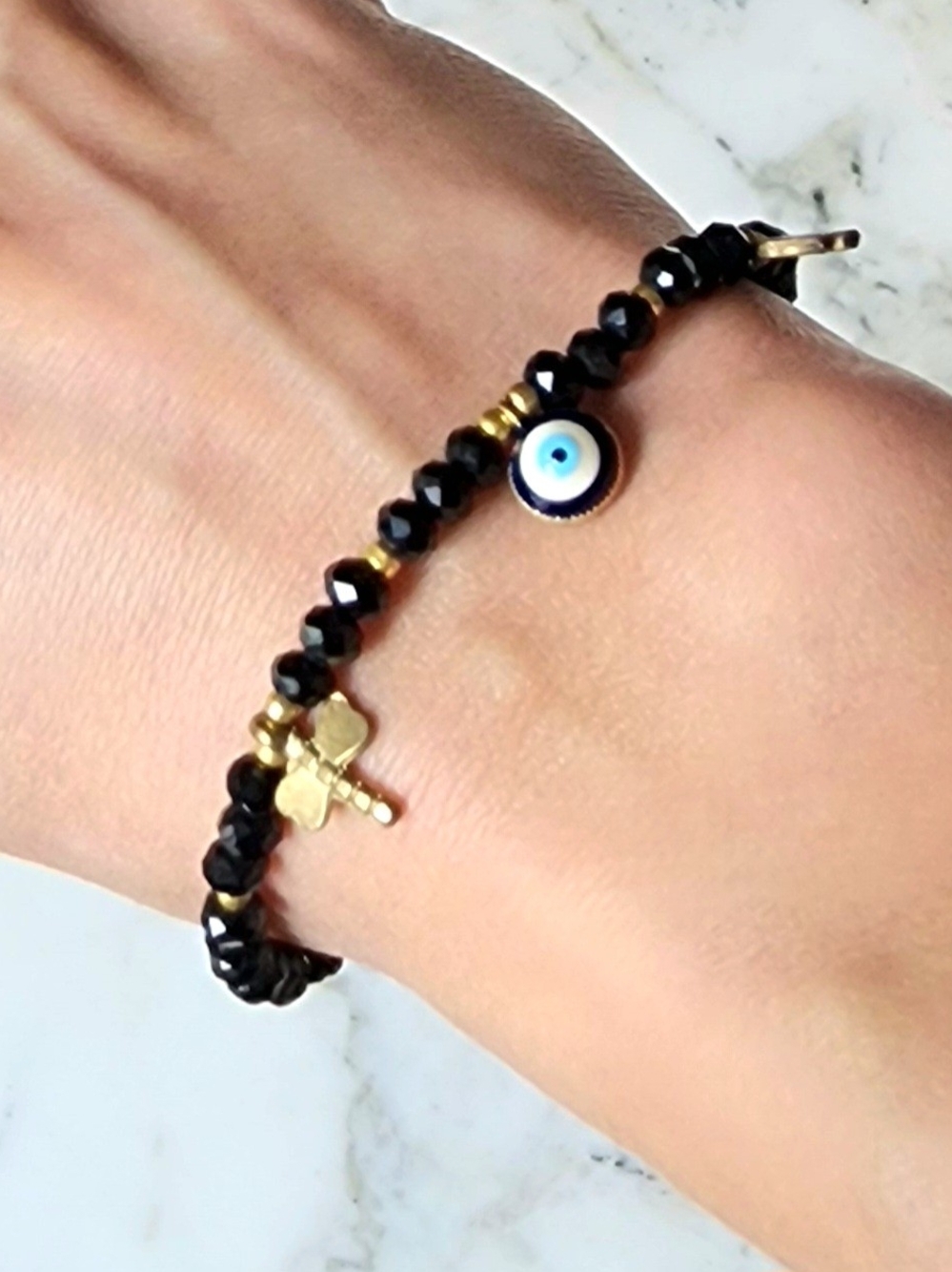 Crystal Beaded Bracelet With Evil Eye And Charms, One Size